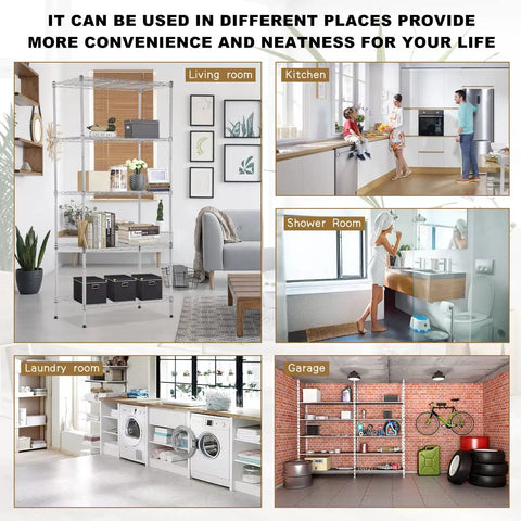 Super Rigged Five Tier Wire Shelving Rack Featuring 750 Pound Load Capacity Adjustable Heavy Duty Metal Storage Shelf Unit For Kitchen Office Garage Or Basement Work Flex System displayed in various home settings.