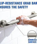 Hand gripping the knurled surface of the Super Sturdy 24 Inch Stainless Steel Shower Grab Bar That Actually Holds Tight Wall Mounted Bathroom Safety Rail For Seniors.