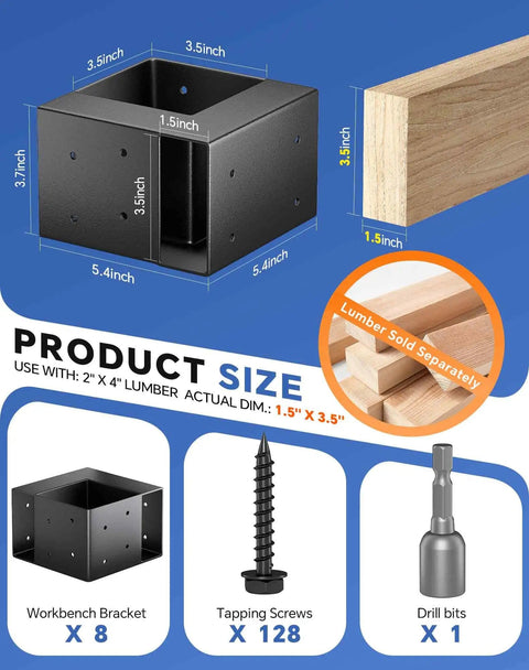 Heavy Duty Steel Workbench Bracket Kit 8 Pack 3 Way Right Angle Corner Brackets With Screws For Custom Work Tables Workbenches And Shelves For 2x4 Lumber shown with components and dimensions