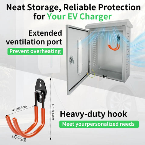 Slick Outdoor EV Charger Lock Box With Viewable Window For Tesla Wall Connector And Most Electric Cars, featuring lock and hook.