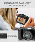 Person using 64MP 4K 5K Digital Camera Kit With WiFi For YouTube Vlogging Front And Rear Dual Cameras For Easy Selfies