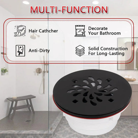 Round Shower Base Drain With 2 Inch Pipe PVC Compression No Caulk 304 Stainless Steel Waterproof Rubber Matte Black Strainer shown in bathroom