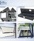 Rock Solid Gas Struts With Brackets, 2-Piece Pack Of 100 Lb Lift Supports That Are Tough As Nails, Perfect For Heavy Cabinet Doors Or Auto Hoods, Measuring 20 Inches Stretched Out With All The Gear You Need To Get It Done Quick, shown in use on truck cap, toolbox lid, billboard, and floor hatch.