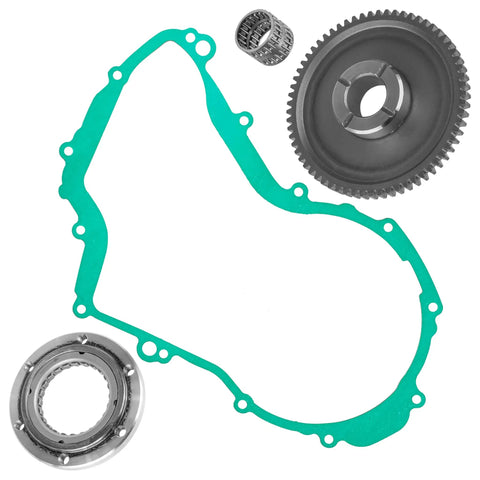 Top Shelf Starter Clutch Assembly With Idler Gear Bearing And Precision Seal For Yamaha Big Bear 400 4X4 2000 To 2012 Tight Ride Ready Swap components including gasket, bearing, and gear.