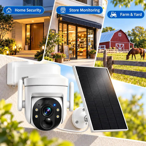 Wireless Outdoor Security Camera With Solar Power And Two Way Talk 2K Hd Full Color Night Vision PIR Motion Alerts Pan And Tilt For Front Door Or Yard Ip65 Weatherproof Plug And Play Setup mounted with solar panel for home and store monitoring.