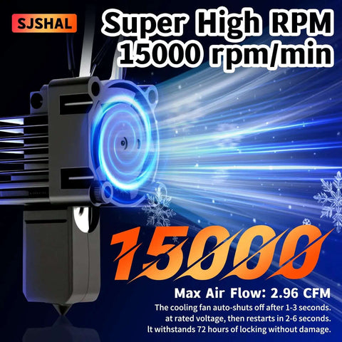 Cooling fan for Plug-and-Play Hotend Replacement Kit For P1P And P1S 3D Printer with super high RPM and airflow details shown.