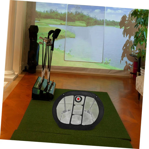 Indoor setup with Lightweight Golf Chipping Practice Net For Backyard Training Portable Mesh Hitting Net For Golfers Easy Setup.