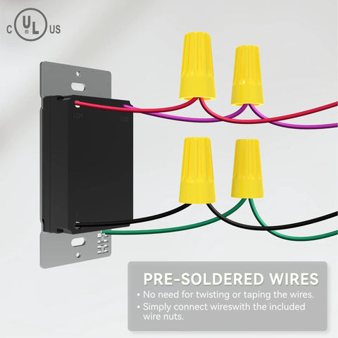 Pre-soldered wires connected to a Six Pack Led Dimmer Light Switch Single Pole Or Three Way With Adjustable Min Brightness Skip Neutral Wires For Older Homes Ul Listed White Panel.