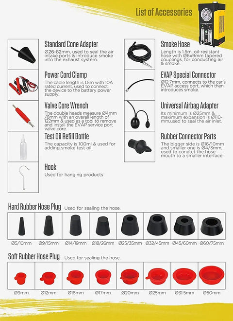 List of accessories for Automotive Smoke Machine And Evap Leak Detector With Dual Built In Air Pumps For Portable Two Stage Diagnosis.