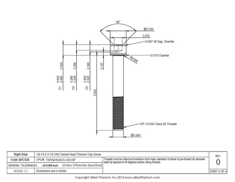 Pro Grade 1/2-13 X 3-1/2 Inch Socket Head Cap Screws Made From Grade 5 Titanium Alloy detailed drawing with dimensions.