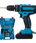 Rock Solid 21V Cordless Drill And Electric Screwdriver With Quick Lithium Battery, blue handle, bits case, side view, DIY tool.