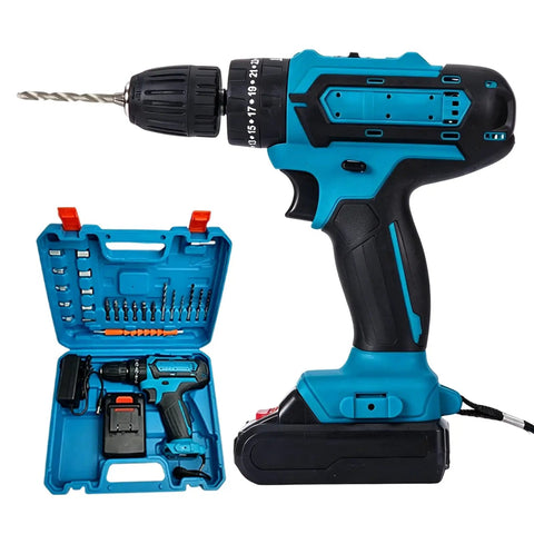 Rock Solid 21V Cordless Drill And Electric Screwdriver With Quick Lithium Battery, blue handle, bits case, side view, DIY tool.