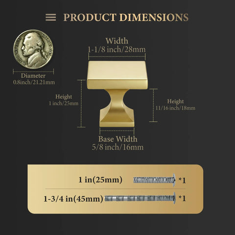Solid As Nails 5 Pack Square Cabinet Knobs Brushed Brass Finish Zinc Alloy dimensions and mounting hardware details.