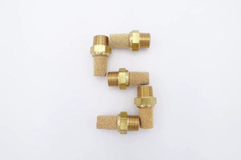 Heavy Duty Solid Brass And Sintered Bronze Pneumatic Air Muffler components showcasing their unique thread design and porous filter.