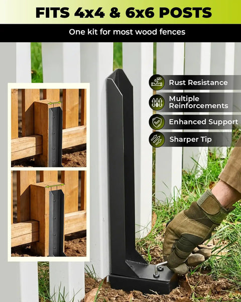 No Dig Fence Post Repair Kit With 4x4 And 6x6 Post Bases, Heavy Duty Post Bracket System, Screw Fixed Fence Post Anchor, DIY Friendly 4 Pack, Easy One Person Install For Leaning Or Wobbly Fence Posts