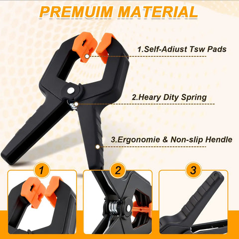 50 Pack Heavy Duty Spring Clamps Set For Woodworking And Multi Use Clips For Balloon Arches Tarp Backdrops And Hanging Items Durable Nylon Body With Steel Springs Two Color Options, black and orange clamp close-up