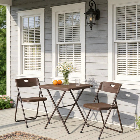 Sturdy Foldable 27 Inch Square Card Table With 400 Lb Capacity on a patio, featuring heavy duty steel frame and two folding chairs