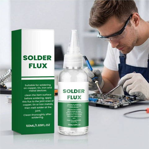 Technician using Liquid Flux Soldering Paste 50ml For Electronics DIY and PCB Assembly with product packaging in foreground.