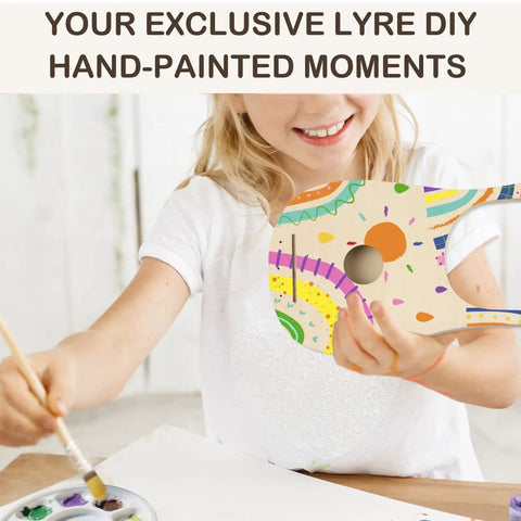 Child painting 7 String Lyre Harp DIY Kit For Beginners with colorful patterns, showing customization potential of the kit.