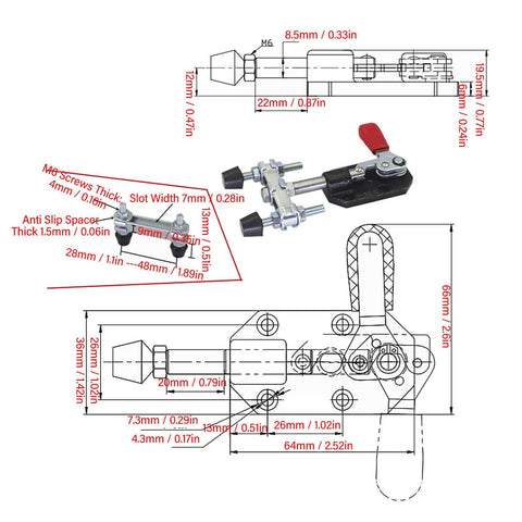 Push Pull Clamp Tool With Quick Toggle, 198 Lbs Clamping Force For Metal Plates And Circuit Boards, dimensions diagram and parts