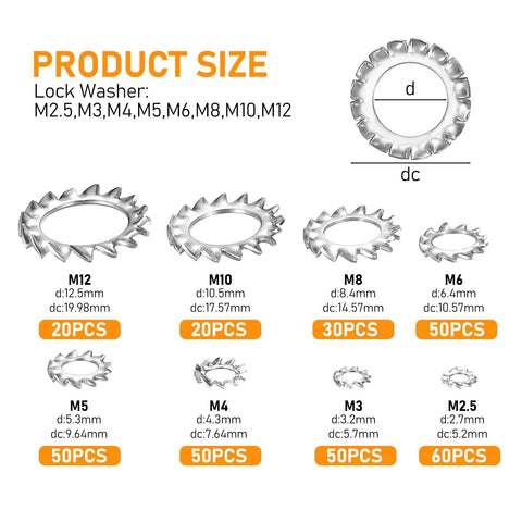 Assorted stainless steel external-tooth star lock washers set; sizes M2.5–M12 with counts M12 20, M10 20, M8 30, M6 50, M5 50, M4 50, M3 50, M2.5 60.