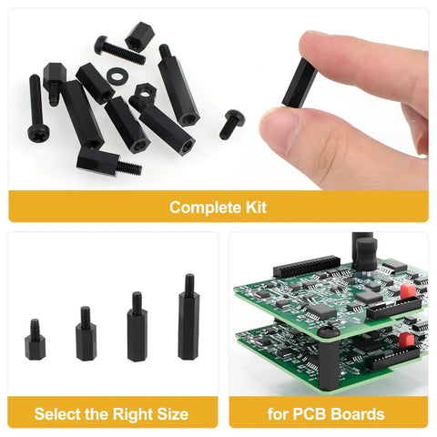 Heavy Duty 620 Piece M3 Hex Standoff And Nylon Screw Assortment Kit Featuring Male Female Spacers Lock Washers And Hex Jam Nuts For Bulletproof Electronic Builds with black standoffs and screws.