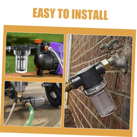 Heavy Duty Inline Water Sediment Filter for Garden Hose or Car Wash Rig with Quick Connect Fitting, easy to install with clear design.