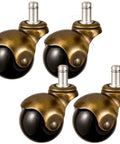 Heavy Duty Furniture Caster Wheels With Secure Swivel Stem Brakes And Vintage Steel Frames For Tables Cabinets And Dressers Floor Saving Polyurethane Rollers That Glide Like A Dream Set Of Four, antique brass finish and black rollers.