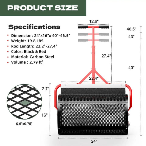Diagram of Compost Spreader For Peat Moss With Brush Mesh Cleaner, 24 Inch Lawn Roller, with specifications and dimensions.
