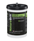 Front view of NatureGrit Hand & Surface Wipes canister with green label, 72 pre-moistened wipes per canister