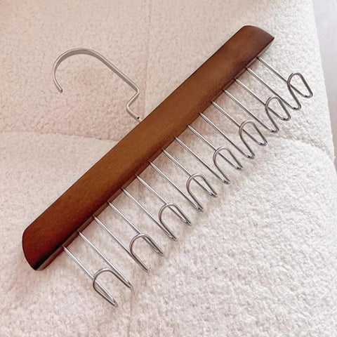 Solid Wooden Closet Organizer Dual Pack featuring eight smooth stainless steel hooks on a light brown wooden rack.