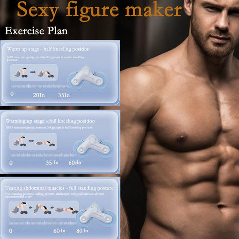 Image of a fitness exercise plan with stages for Automatic Rebound Ab Roller With Smooth Dual Wheel Action And Built In Phone Holder Plus Squishy Knee Pads For Legit Core Strength Anytime You Want To Crush It.