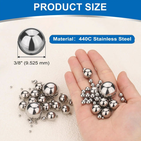 Fifty Piece 3/8 Inch Precision Bearing Balls Crafted From Premium 440C Stainless Steel in a hand, showcasing size and material.