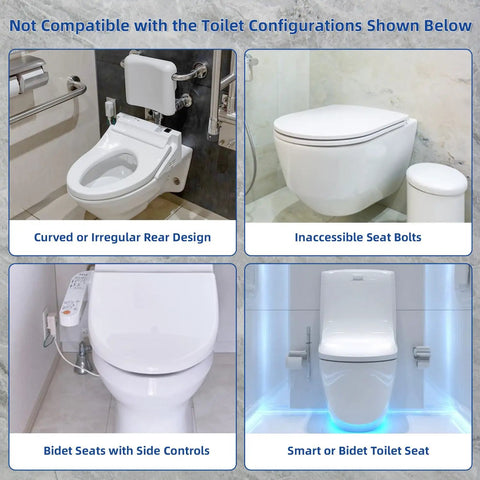Image showing toilet configurations not compatible with Toilet Safety Rails For Seniors Featuring Flip Up Arm Rests And Height Adjustable Rear Legs.