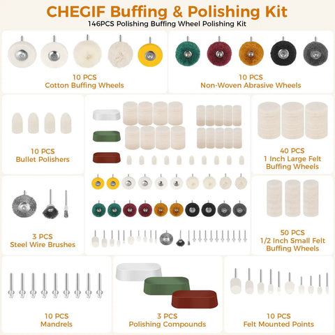 Tough As Nails One Eighth Shank Rotary Tool Polisher And Buffing Kit Features 146 accessories including buffing wheels and brushes.