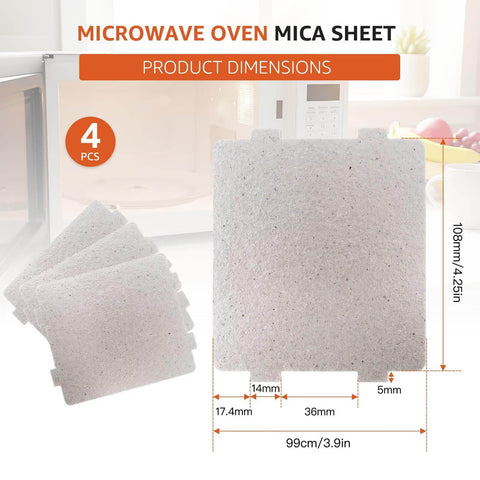 4 Pack Universal Mica Waveguide Covers for Microwave Ovens 108mm by 99mm with dimensions shown, 4 pieces displayed