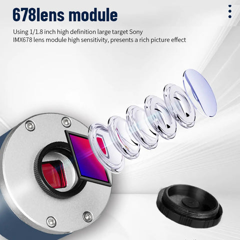 Exploded view of the 678 lens module for the 4K Compact Microscope Camera with 8X Magnification, CS Lens Mount, HD Video Output.