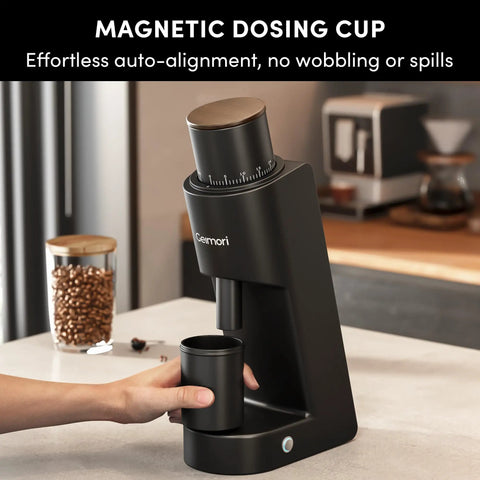 Heavy Duty Single Dose Coffee Grinder With Six Conical Burrs And Stepless Dial Delivers Hella Fine Ground Beans For Espresso Drip French Press Or Cold Brew Keeps Rock Solid Fresh with magnetic dosing cup and sleek design.