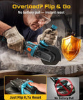 Heavy Duty Brushless Flathead Angle Grinder Kit With 21V Lithium Ion Muscle And Dual 5 Ah Packs demonstrates easy reset feature.