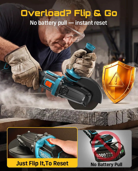 Heavy Duty Brushless Flathead Angle Grinder Kit With 21V Lithium Ion Muscle And Dual 5 Ah Packs demonstrates easy reset feature.