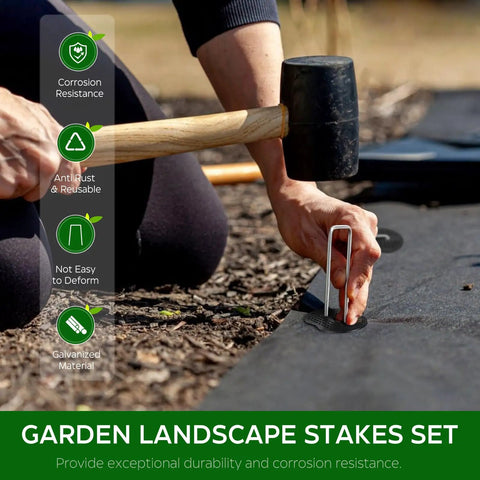 Pro Grade Heavy Duty Galvanized Landscape Staples Set 100 Pcs U Shaped Garden Stakes 6 Inch 11 Gauge With 50 Gaskets For Weed Barrier Fabric Grass Sod Artificial Turf And Yard Landscaping being installed.