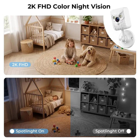 Crisp 2K Indoor Security Camera With Dual Band WiFi And Full Color Night Vision capturing a child playing with a dog in bright settings.