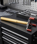 Ladder Free Smoke Sensor Assembly Removal Tool With A Rock Solid Aluminum Jaw And Extended Reach For High Ceiling Fire Alarm Extraction Drop Your Ladder Today on a workbench.