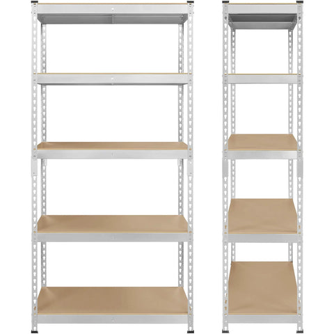 Badass 5 Tier Metal Storage Shelving Unit Heavy Duty Steel Rack With Rock Solid MDF Shelves Silver Color showing side views.