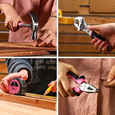 Badass Pink 12V Cordless Drill Driver Kit for Women With Legit Storage Case Built for Weekend Warriors and DIY Besties Ready to Nail Any Home Project Smooth Operator Heavy Duty Repair Tool Set Renewed, featuring various hand tools in use.