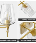 Three Light Vanity Light With Clear Glass Shades In Modern Gold Finish For Bathroom Over Mirror Contemporary Wall Lamp