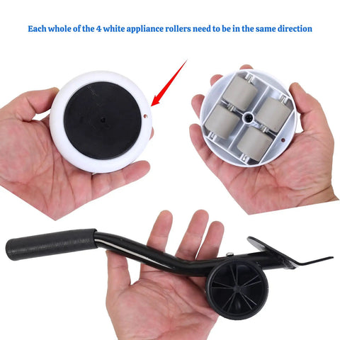 Heavy Duty Furniture Lifter Kit Features Four Rock Hard Appliance Rollers Plus an Adjustable Lever Tool shown in hand for easy use.