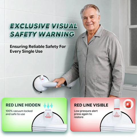 Upgraded Suction Shower Grab Bars For Seniors Monster Grip Stability Visual Safety Indicator in bathroom setting.