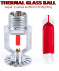 Close-up of thermal glass ball and chrome threaded fitting for Six Pack Copper Chrome Pendent Fire Sprinklers With Half Npt Threading And Fast Response Glass Bulbs For Top Tier Home Shop Suppression Kit That Goes Hard On Code Compliance For Hella Peace Of Mind During Emergencies At 155 Degree Limit.