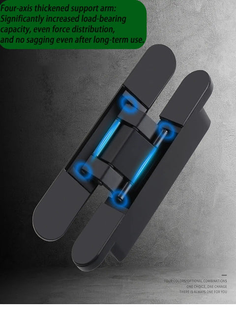 Heavy Duty Adjustable Hidden Cross Hinge Set For Zero Hang Ups 180 Degree Dead Silent Glide On Wooden Secret Rooms and Invisible Folding Doors side view with blue accents.